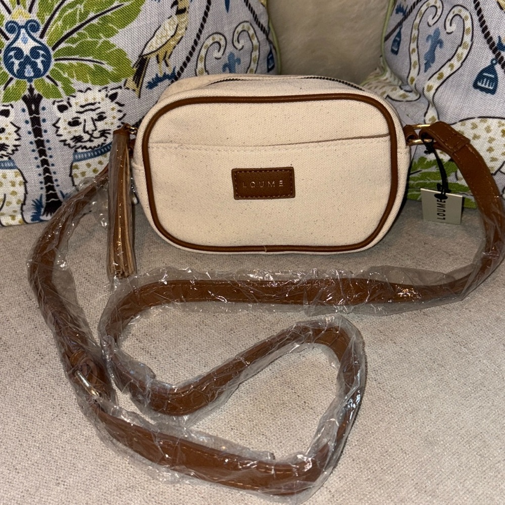 LOUME Ivory Cotton Canvas Faux Cognac Leather Small Crossbody Bag Purse